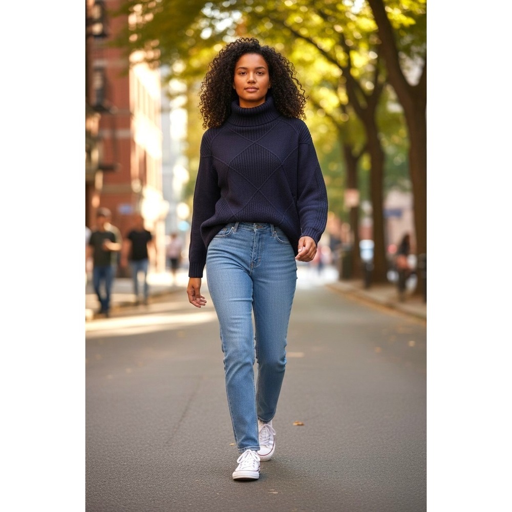(A-30)Belle by Kim Gravel Sweater M Navy Turtleneck Diamond‎ Knit QVC NWT Cotton